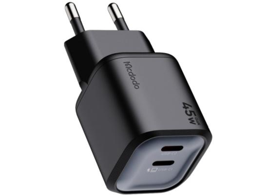 Mcdodo Gana Mini 45W GaN Charger – 2-Port Fast Wall Charger with Dual USB-C, Compact Design, Compatible with Laptops, Tablets, Smartphones & More - Black